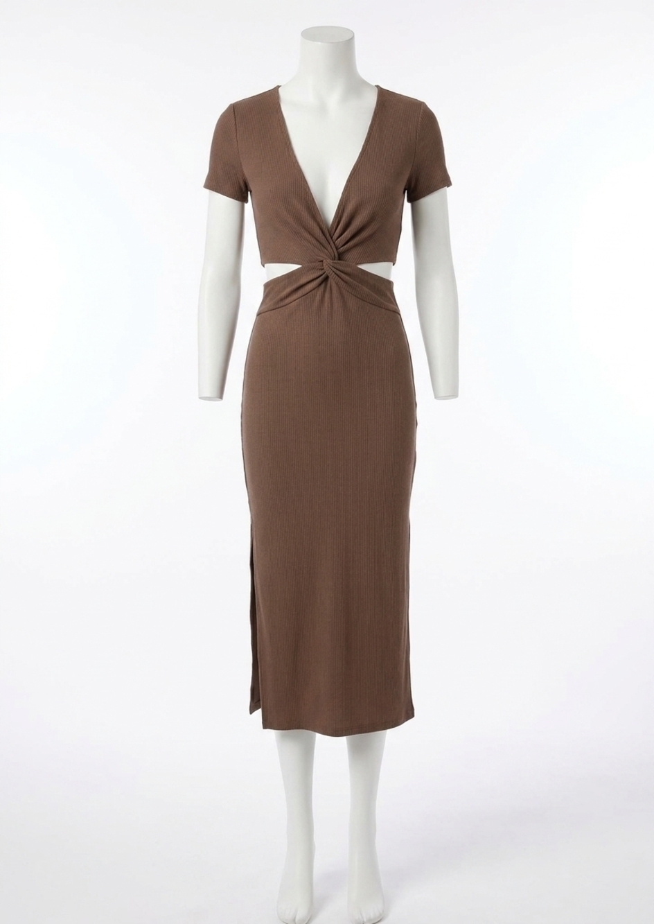NEW HEARTLOOM rib cutout short sleeve dress in taupe